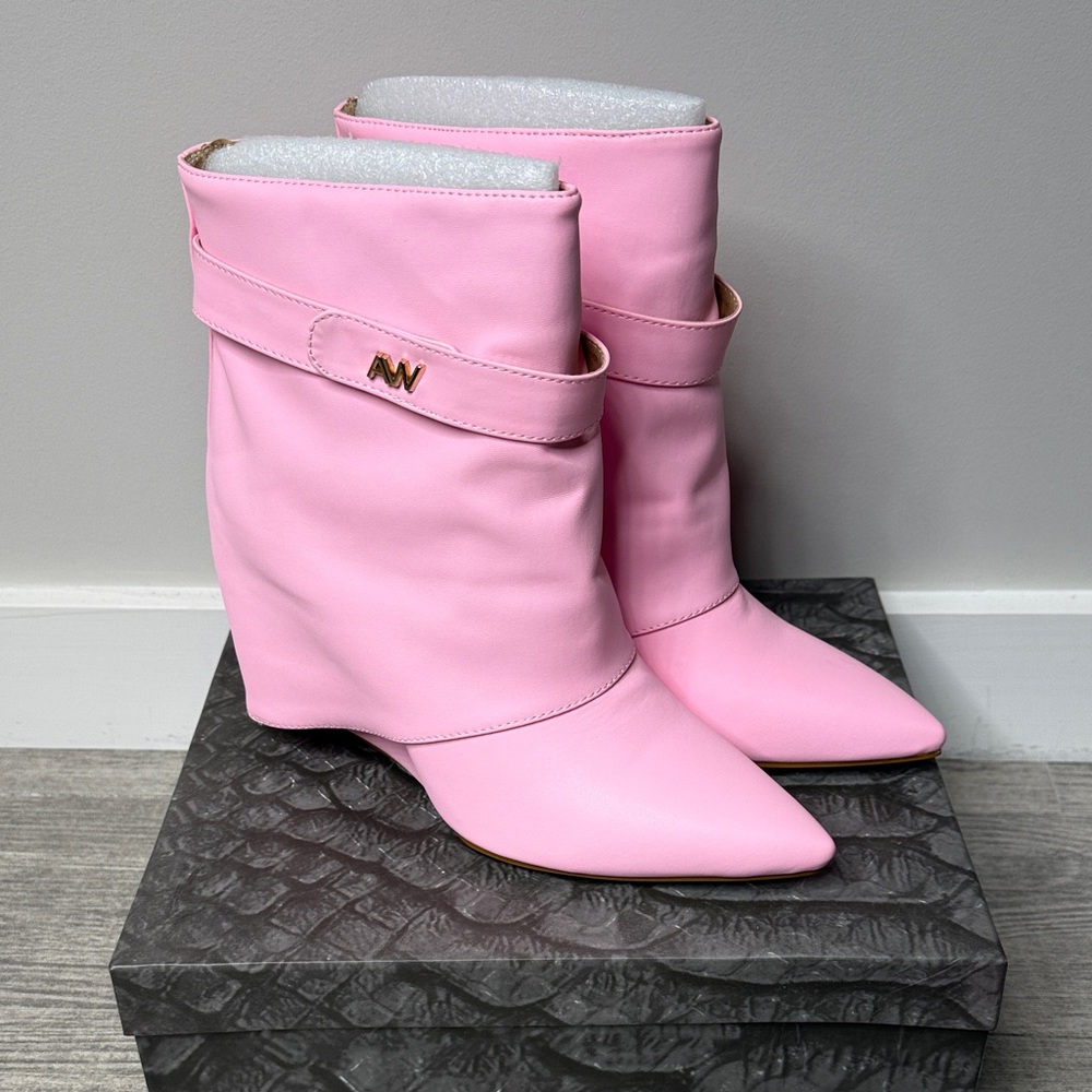 AW Pink Pointed-Toe Slouch Wedge Booties